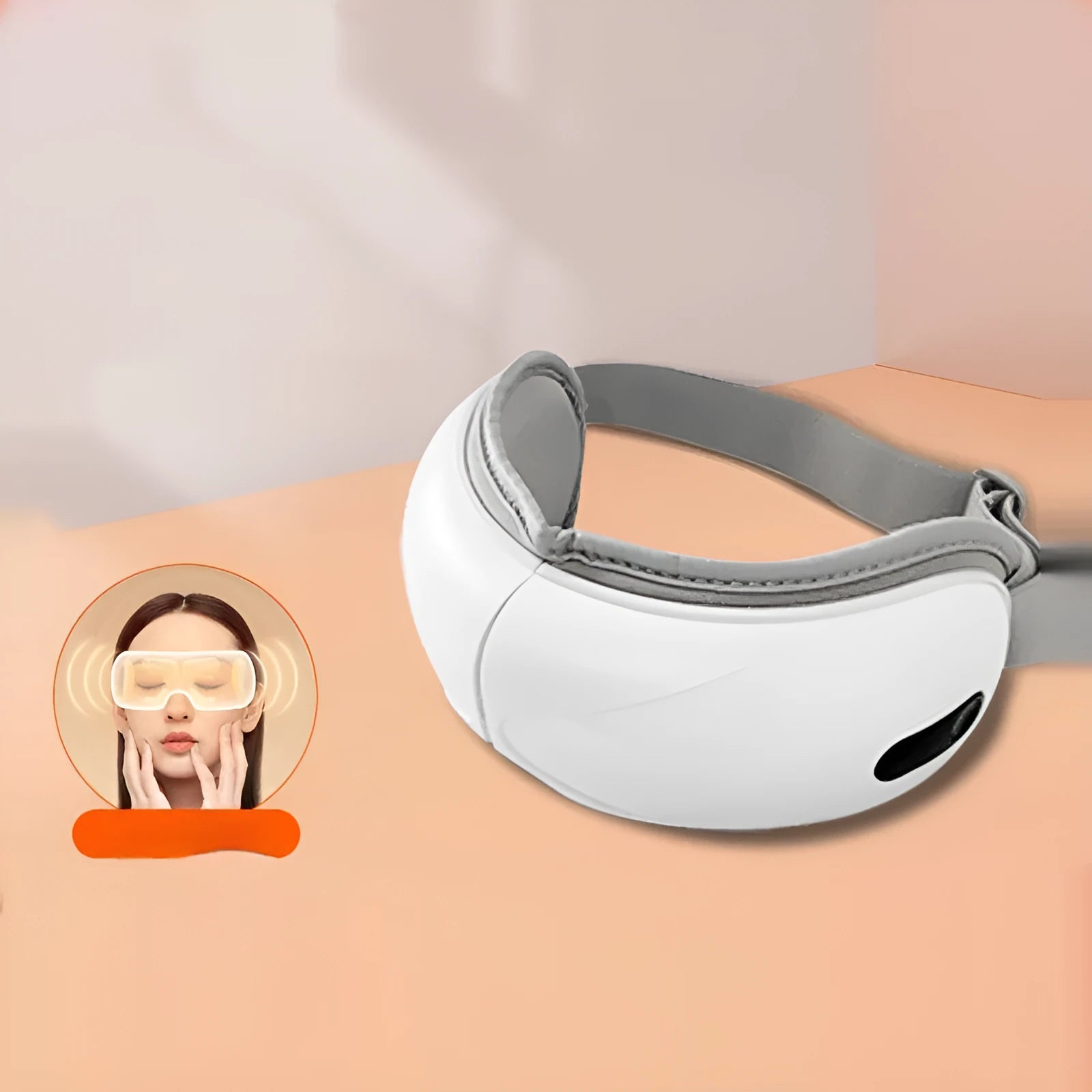 White rechargeable eye massager with hot compress and airbag massage functions showing dimensions 140mm x 52mm x 150mm