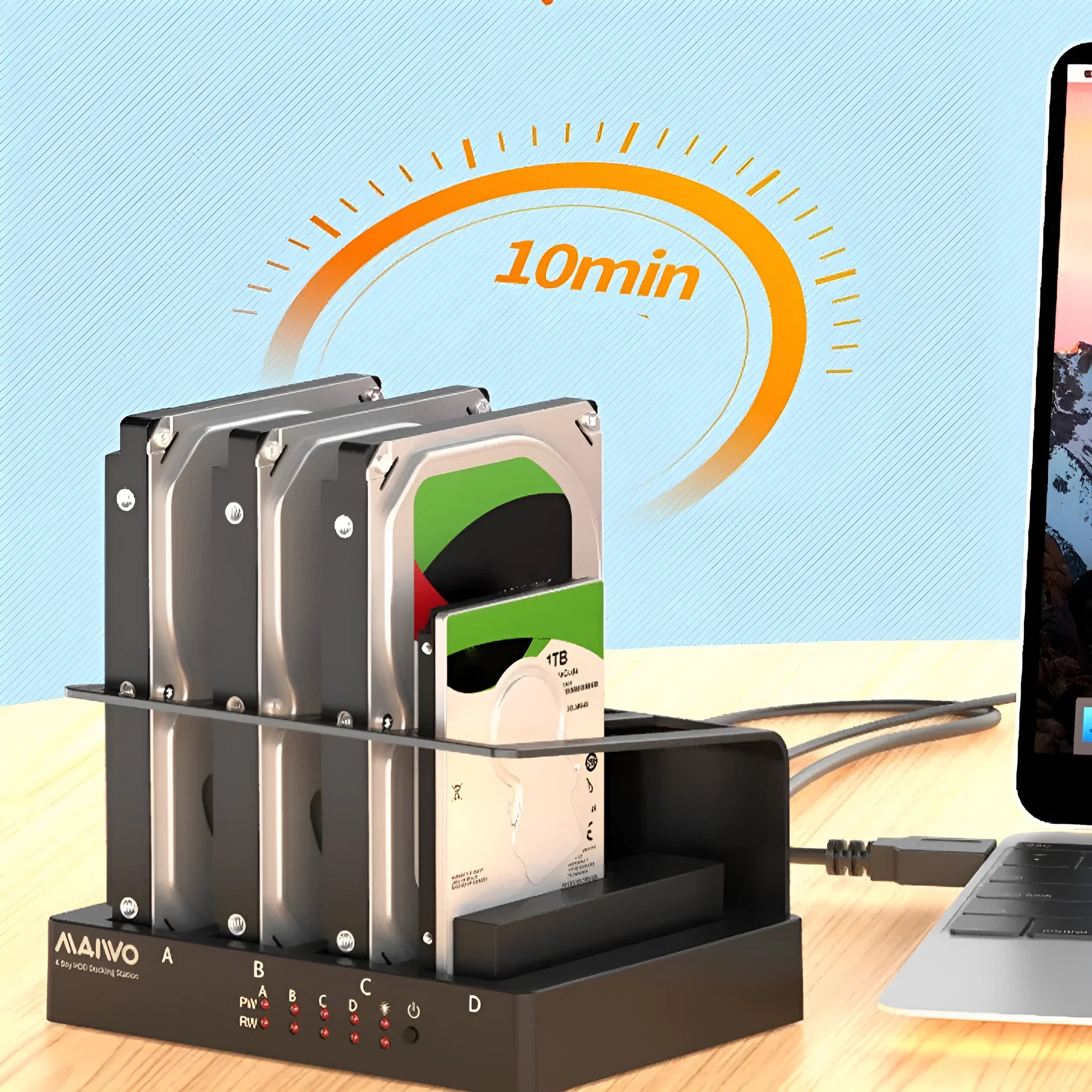 Four-bay external hard drive docking station with cables and four 2.5-inch drive brackets