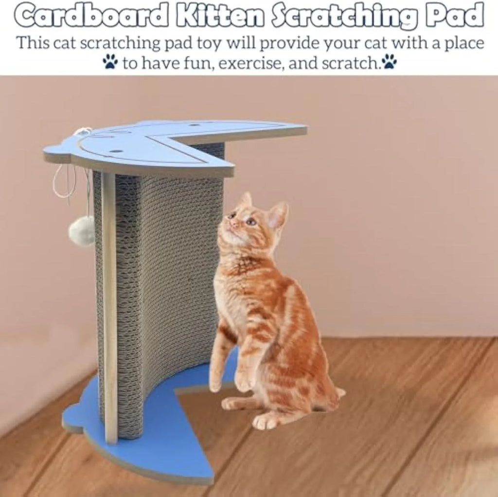 Grey corner-shaped cardboard cat scratching post with a white hanging ball, shown placed in a room corner.