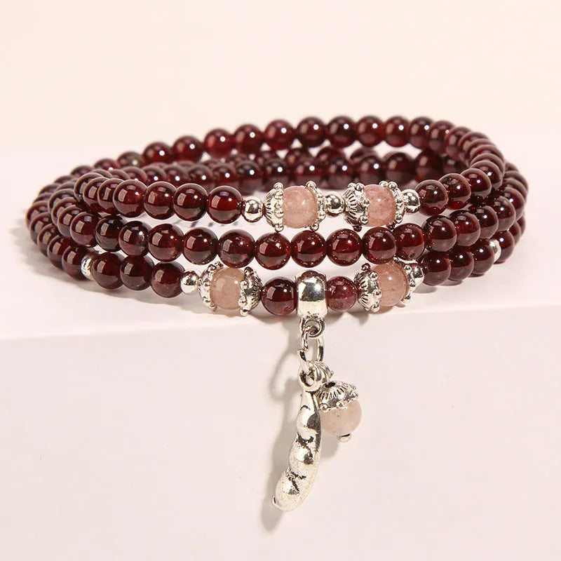 Women's wine red garnet crystal flower bracelet with bohemian ethnic styling