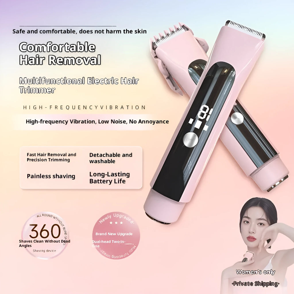 Women's double-headed electric hair removal device with USB cable, available in blue, gold, and purple colours