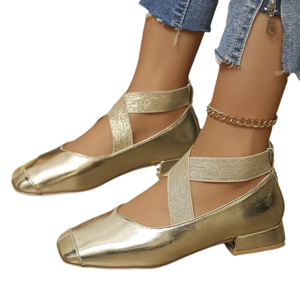French evening style slip-on pumps with square toe bracket in black, gold, or silver colours