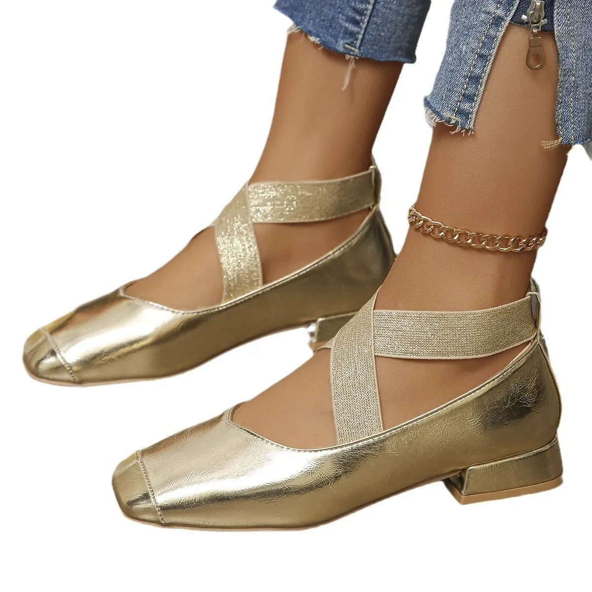 French evening style slip-on pumps with square toe bracket in black, gold, or silver colours
