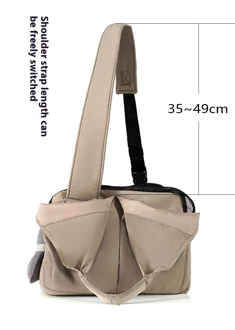 Apricot coloured cloth pet carrier handbag with shoulder strap for dogs and cats