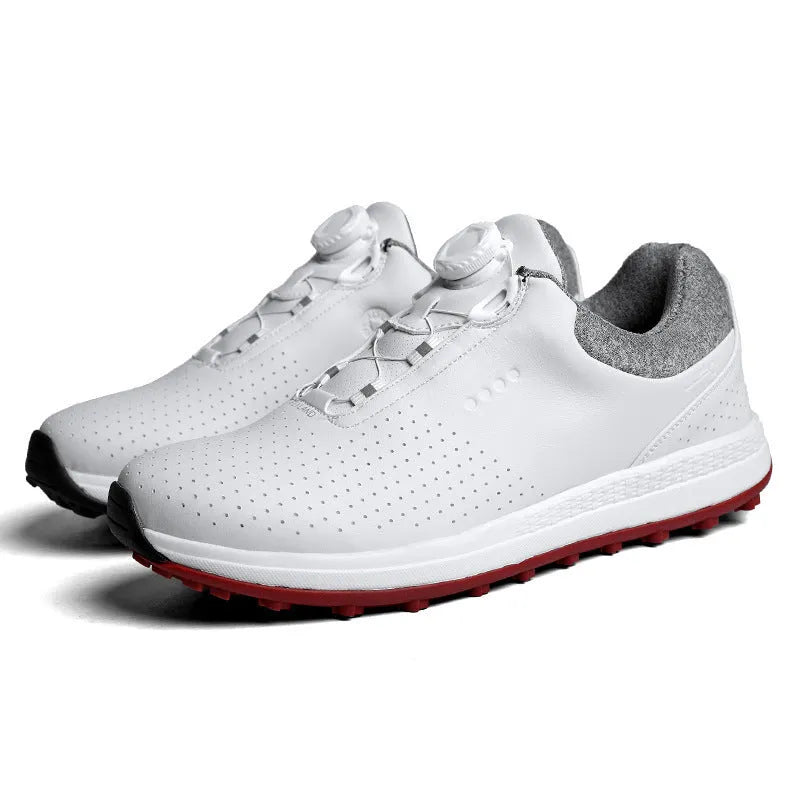 Men's white low-top casual golf shoe with breathable upper and textured non-slip sole.