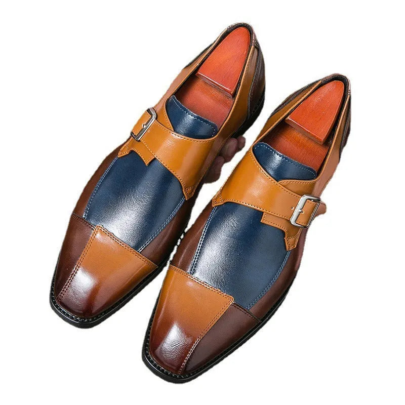 Men's brown blue retro style casual leather shoes with a buckle fastening.