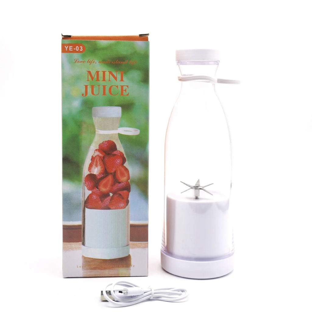 Electric USB wine bottle juicer cup with 6-leaf cutter head, 400ml capacity, white plastic body