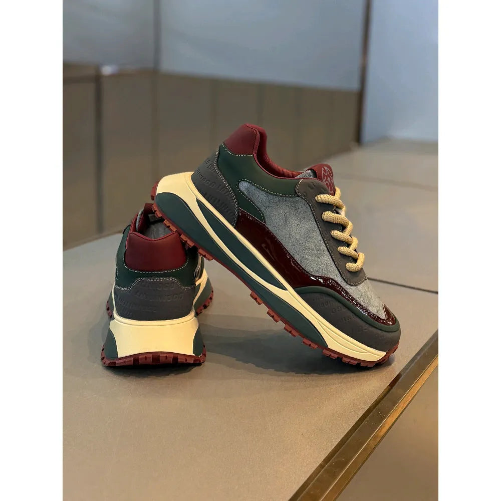Men's chunky sole retro dad shoes in black, blue, beige red, and yellow with round toe and lace-up front.