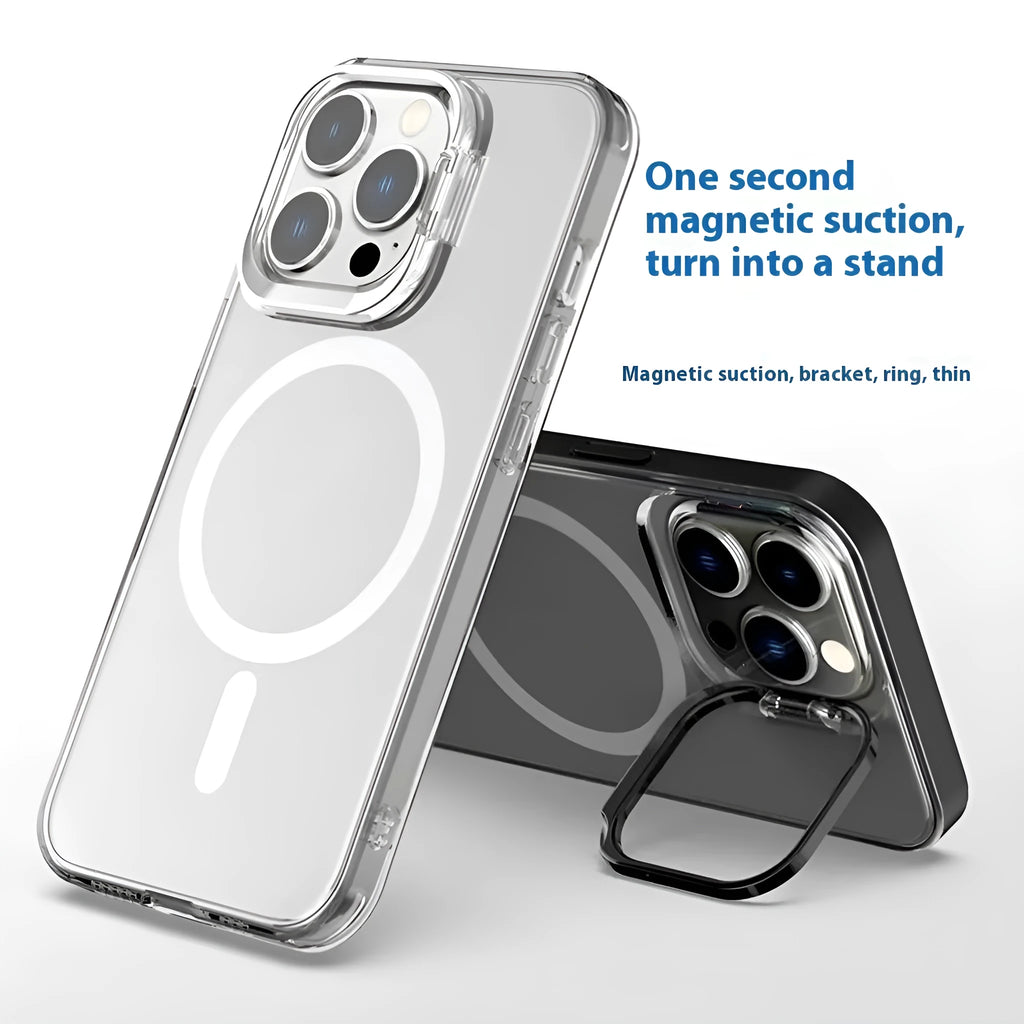 Metal invisible bracket phone case frosted magnetic protective cover for iPhone 12 to 15 series in black colour