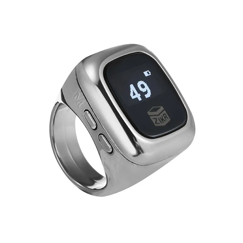 Al-Fatiha Zikr electronic counter with digital display on wrist, shown in Black, Space Gray, and Rose Gold colour options.