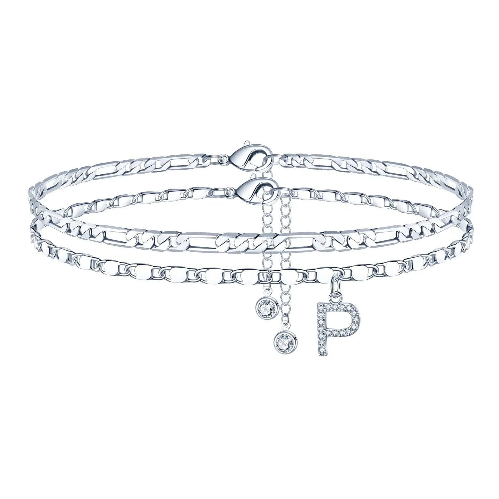 Silver-coloured copper anklet with a double-circle bead engraved with a letter.