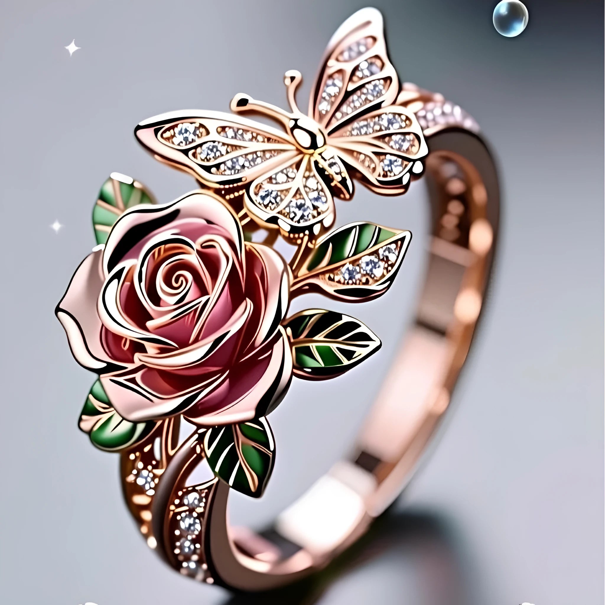 Adjustable butterfly personality ring with colourful oil drip treatment showing floral and insect design