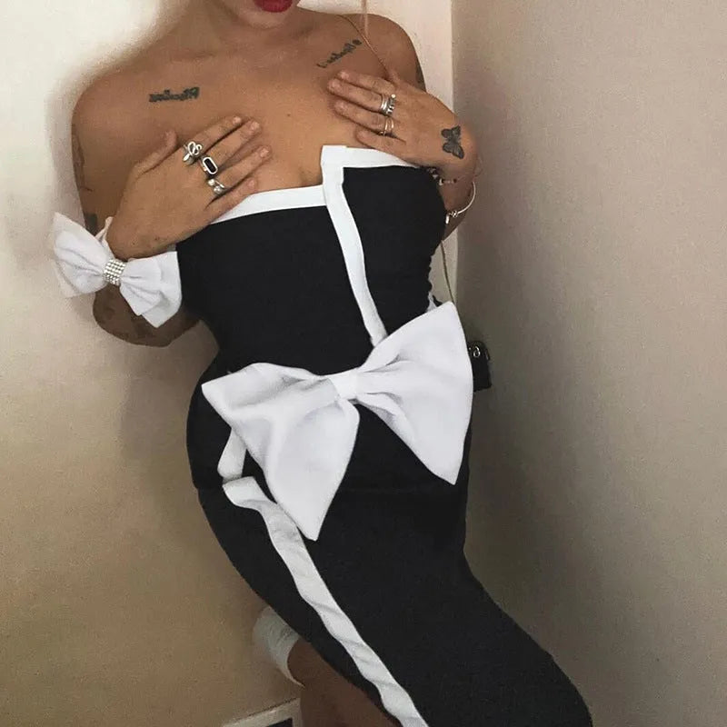 Black and white colour-block one-piece swimsuit with asymmetrical bow and irregular tube top for women