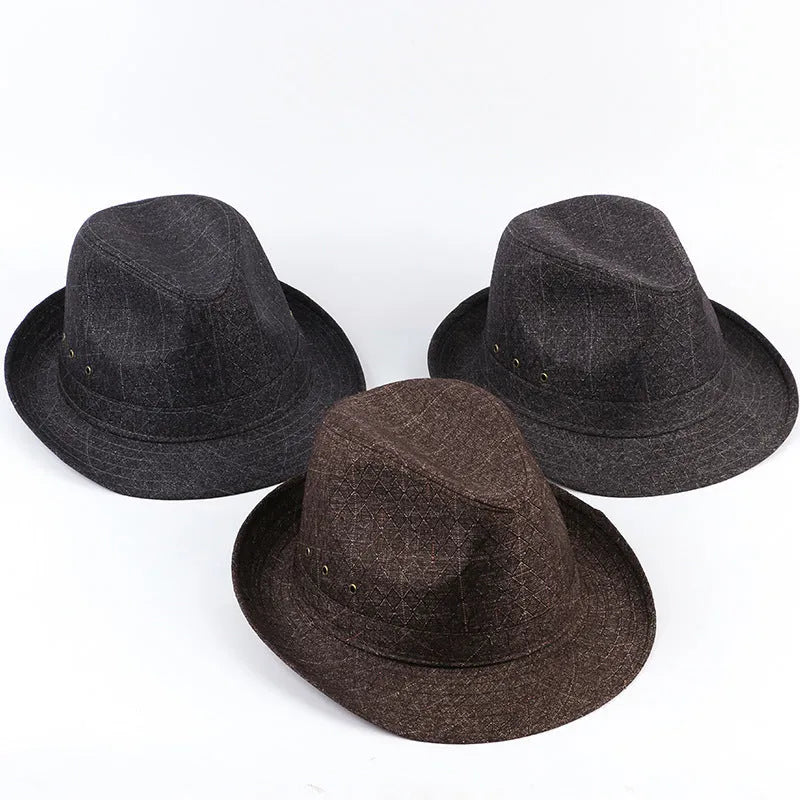 Men's classic fedora hat in suit material and linen, shown in various colours with size tags for 57cm, 58cm, 59cm, and 60cm.