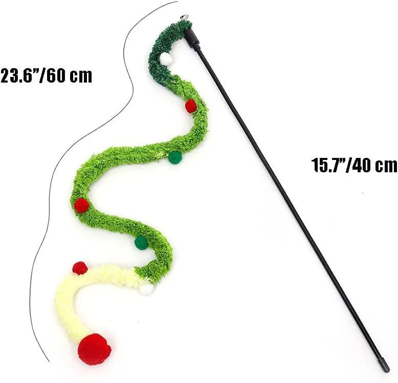 Cat teaser wand with long plush strip and colourful elements for interactive play