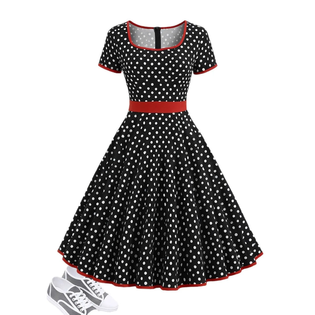 Multicolour polka dot dress with a square collar, short sleeves, front zipper, and pleated skirt.
