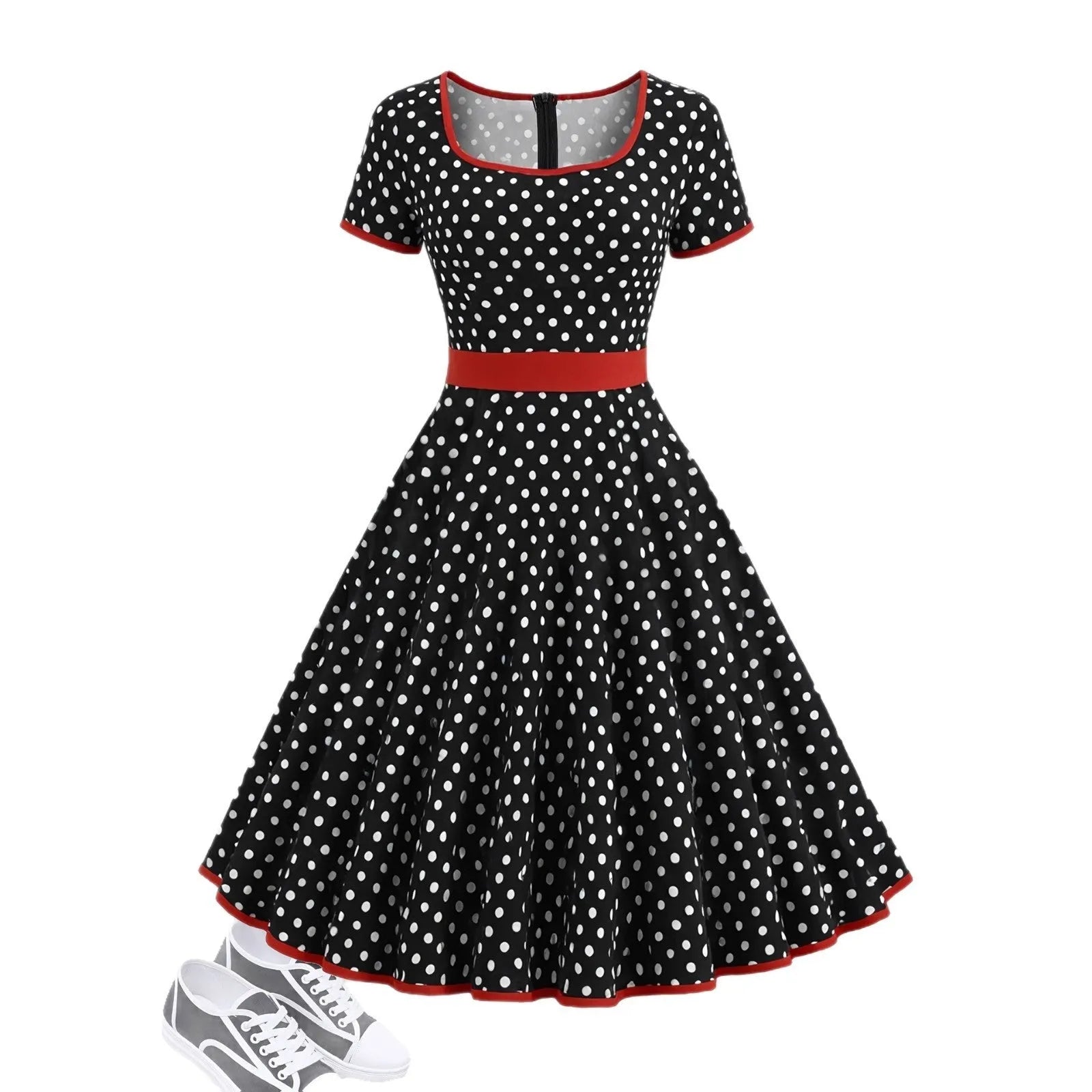 Multicolour polka dot dress with a square collar, short sleeves, front zipper, and pleated skirt.
