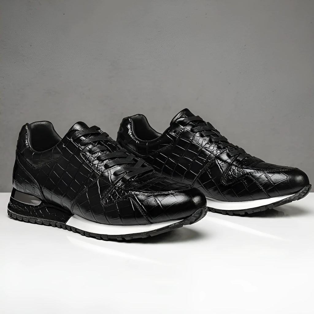 Crocodile pattern elevated leather shoes for men, wedge heel, sheepskin lining, black colour