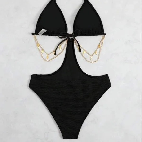 Women's black polyester bikini swimsuit with metallic chain detail on the front.