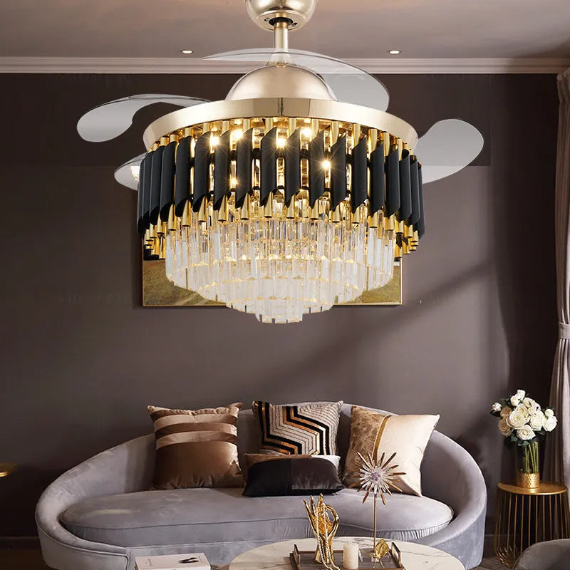 Crystal chandelier style ceiling fan with integrated LED light and remote control on a white ceiling.