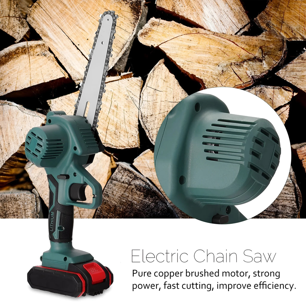 Small black electric chainsaw with lithium battery and 4-inch cutting bar