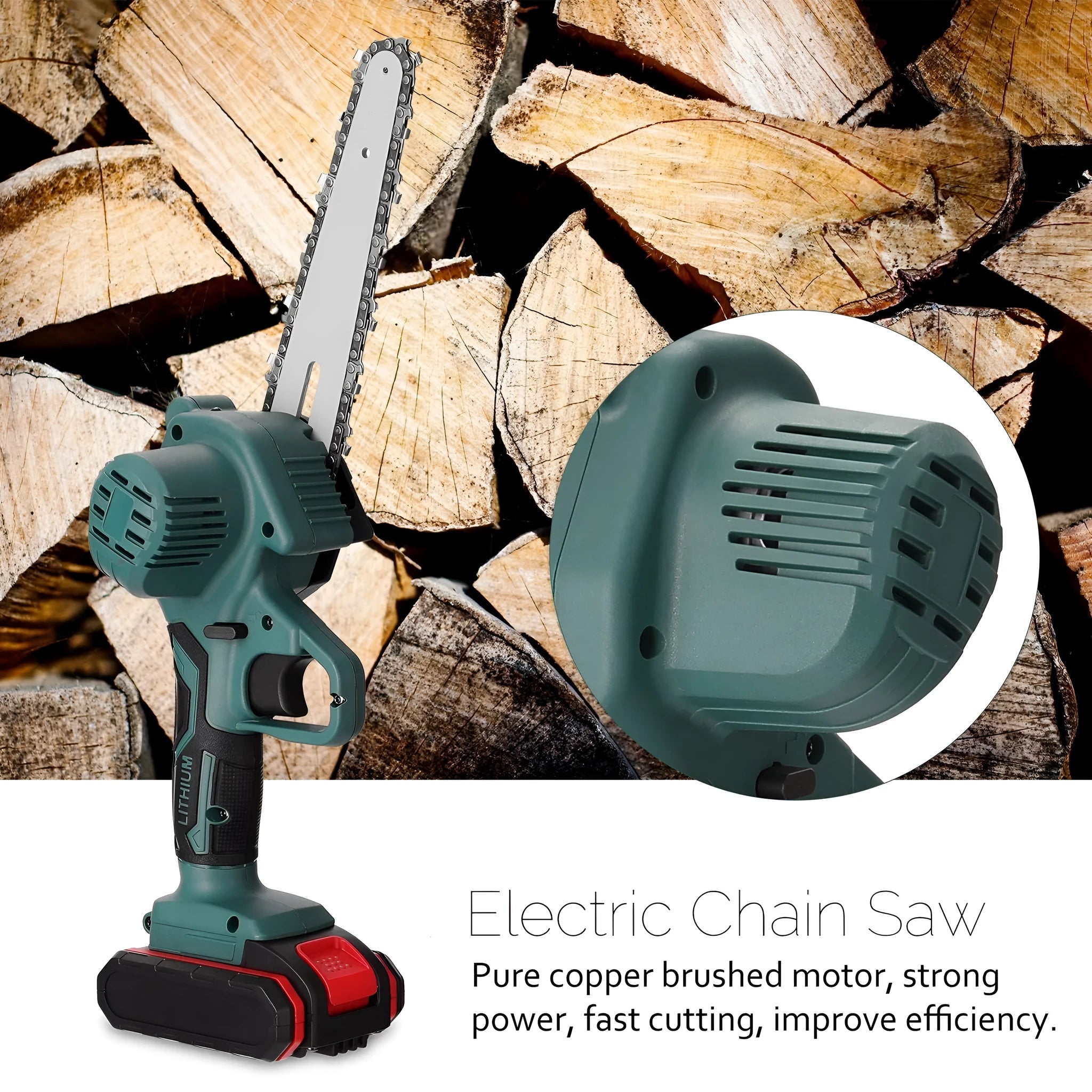 Small black electric chainsaw with lithium battery and 4-inch cutting bar