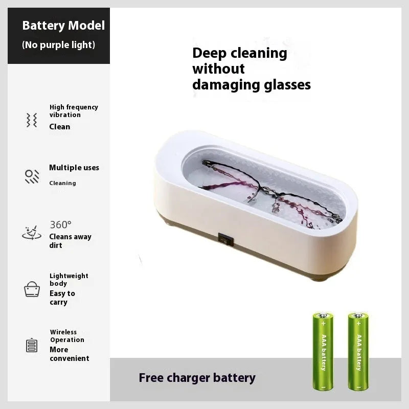 Small purple light ultrasonic glasses washing machine with USB cable and mirror cloth on white background