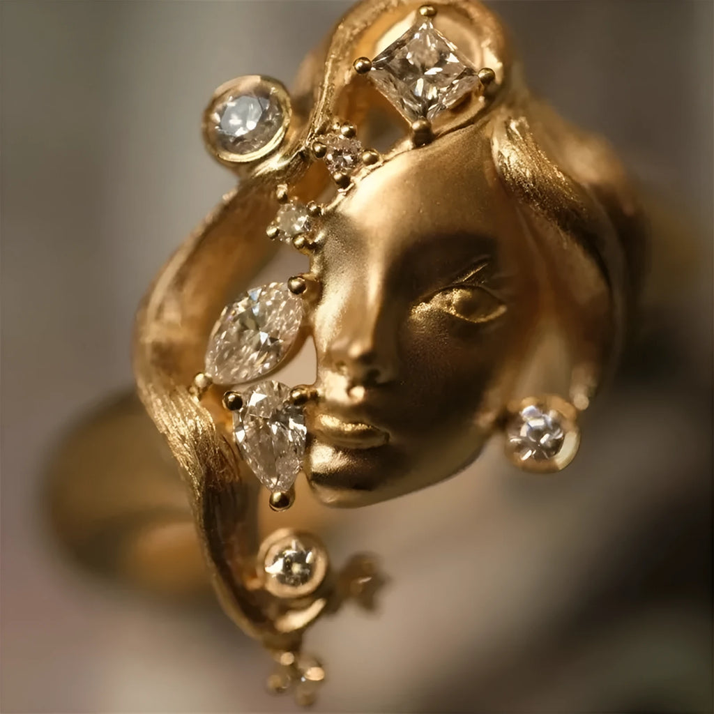 Gold alloy adjustable ring with antique portrait design for women