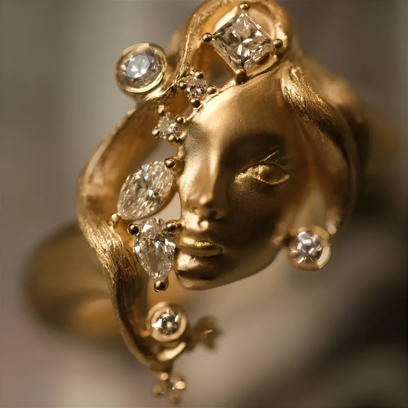 Gold alloy adjustable ring with antique portrait design for women
