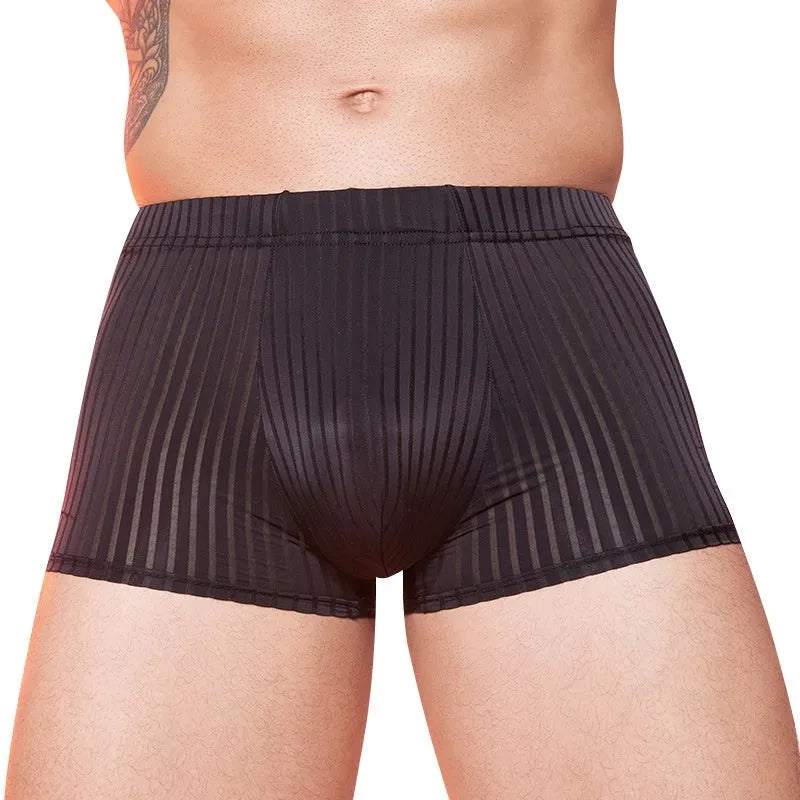 Men's striped low-rise underwear in thin transparent nylon, shown in black, dark grey, and white colours.