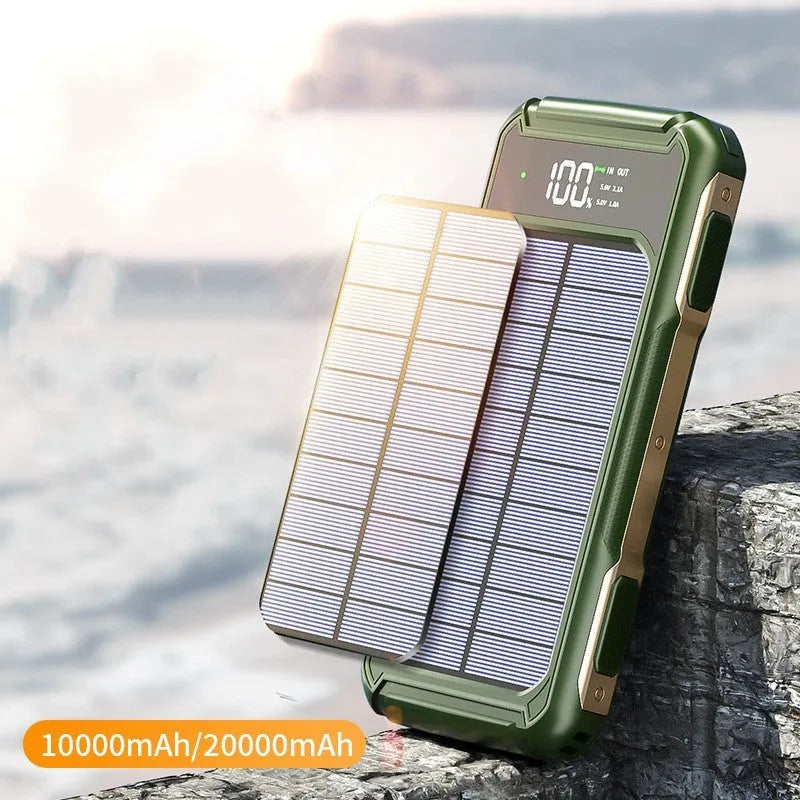 Black military grade large capacity power bank showing size, with 10000mAh and 20000mAh capacity options.