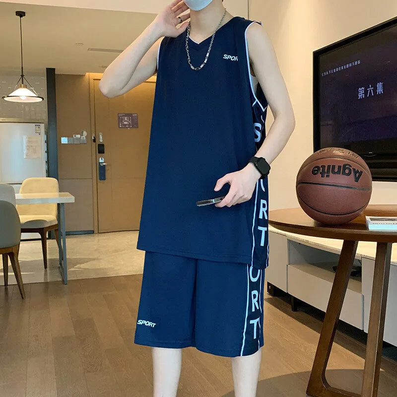 Men's basketball sports suit set showing sleeveless vest and matching shorts in polyester fabric