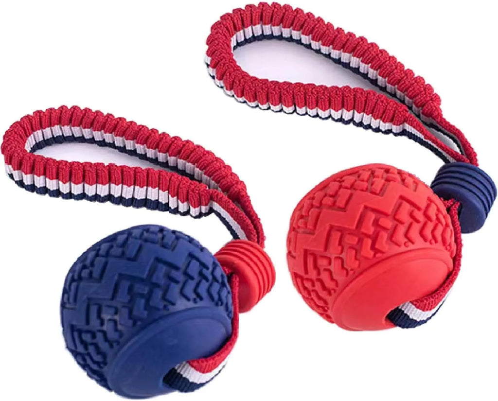 Blue dog toy showing a textured rubber ball attached to a woven rope, for small and medium breed dogs.