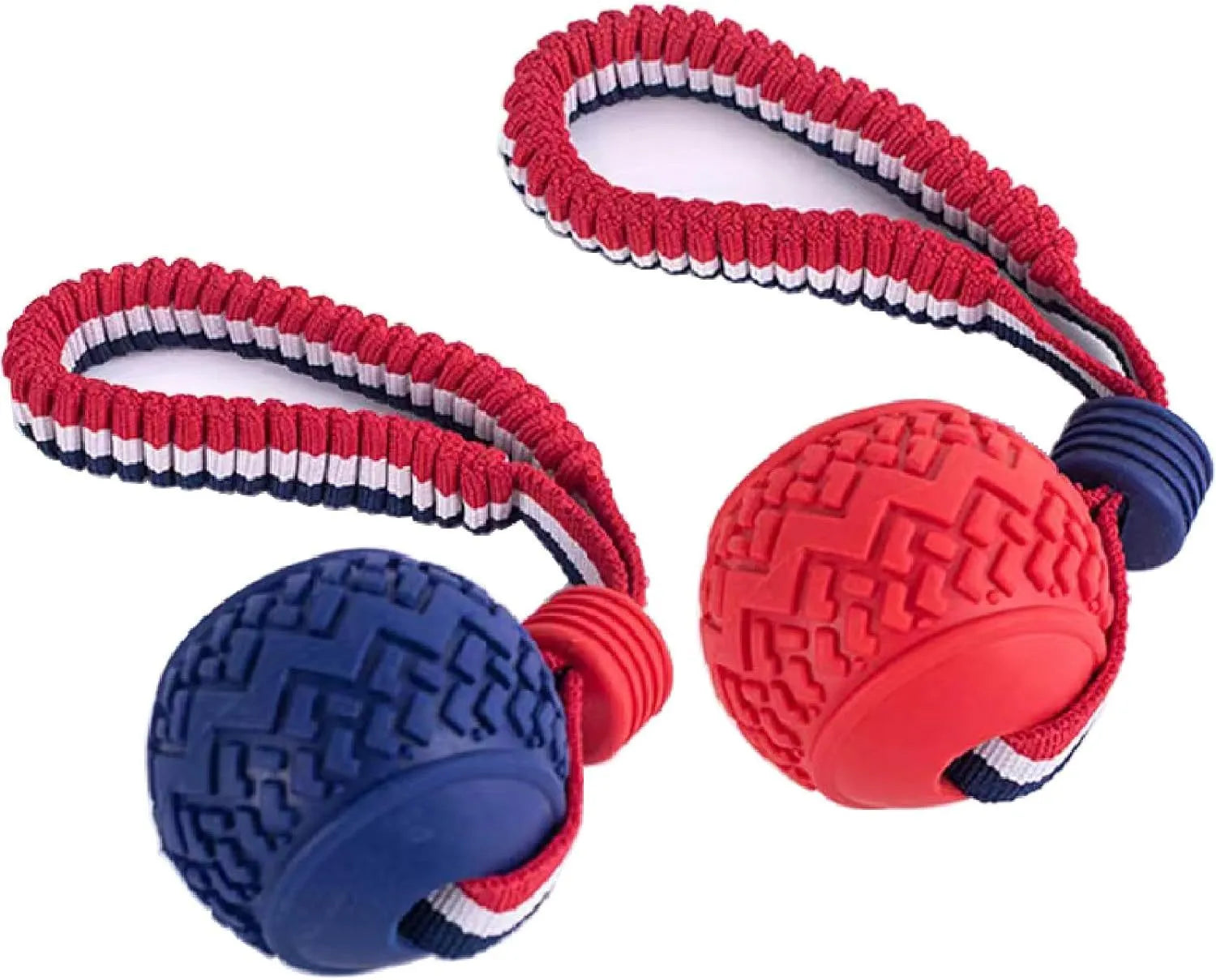 Blue dog toy showing a textured rubber ball attached to a woven rope, for small and medium breed dogs.