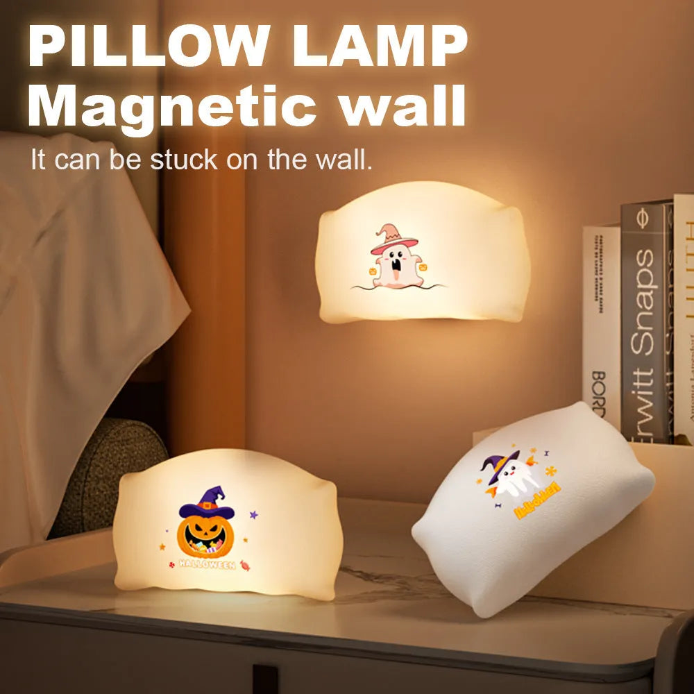 Cartoon Halloween doll table lamp in Magic Ghost design, showing warm light glow and USB-C charging port.
