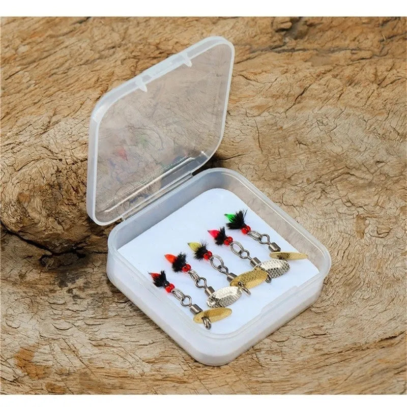 Five bionic poisonous mosquito fishing hooks with spinning sequins in multicolour designs