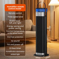 Tall white tower heater with remote control displaying humidification function and voice command capabilities