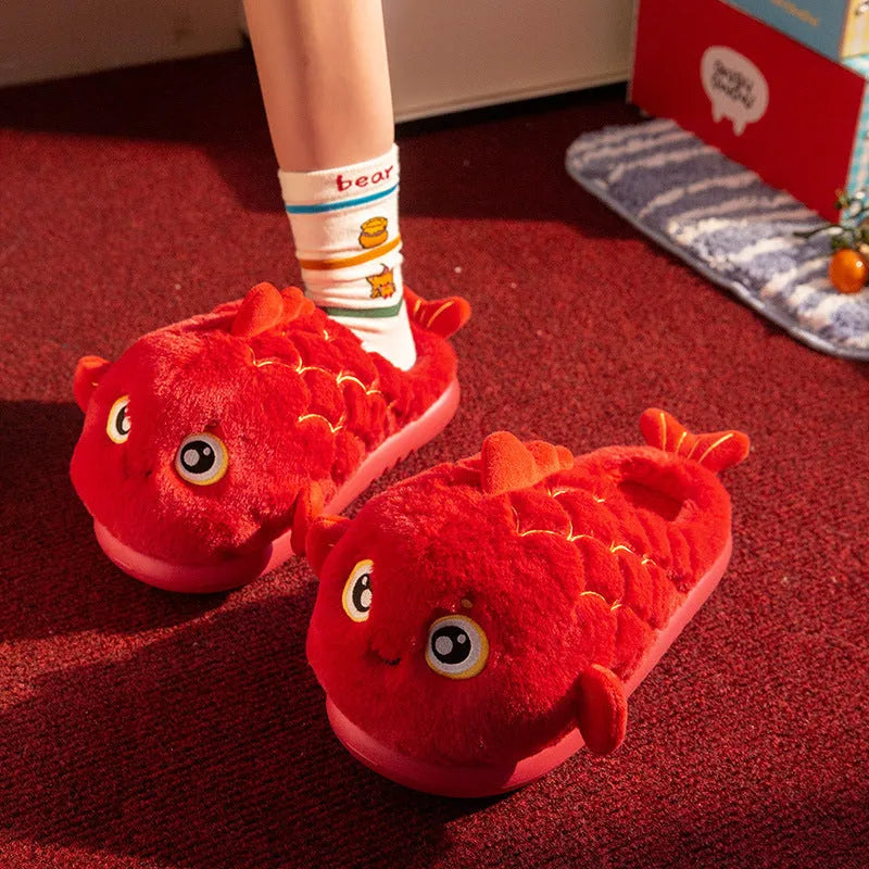 Red indoor slippers with ethnic pattern, suede upper and EVA sole, high-top design