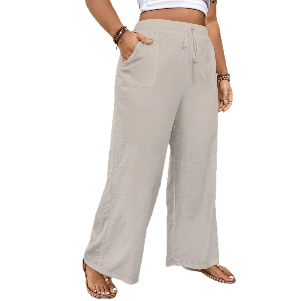 Women's drawstring wide leg polyester trousers in khaki with side pockets and loose fit