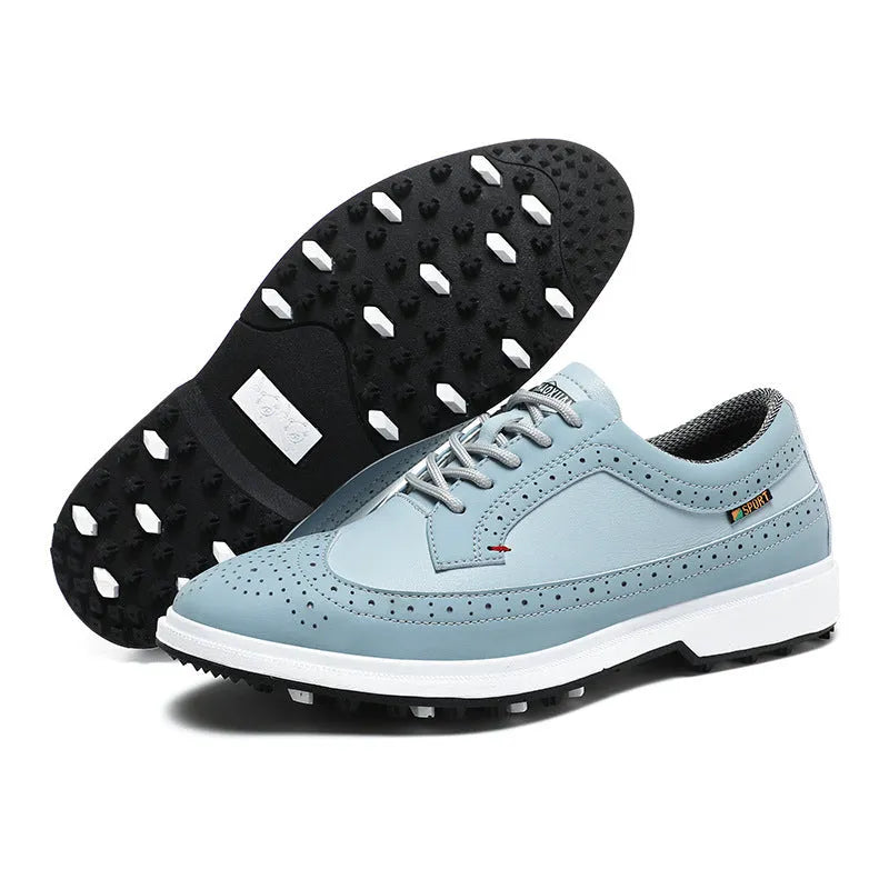 Men's genuine leather golf shoe with rubber sole in lake blue or white.