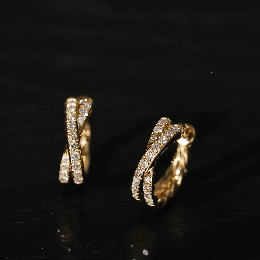 Double row cross 5A zircon twist earrings, 925 silver with 18K gold plate, 9mm inner diameter, 12mm outer diameter