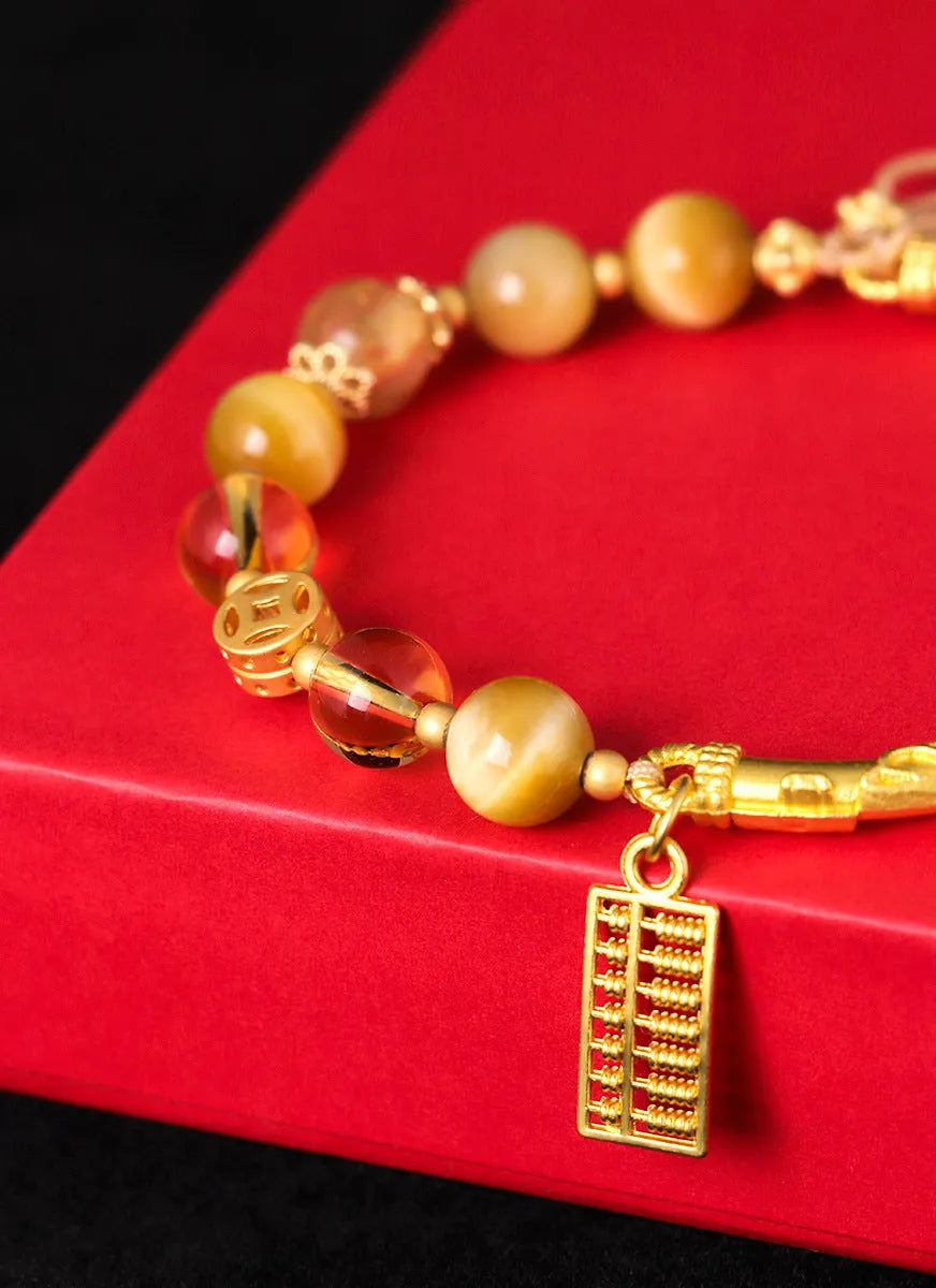 Abacus tag bracelet with tigereye citrine gemstone beads and diamond copper charms