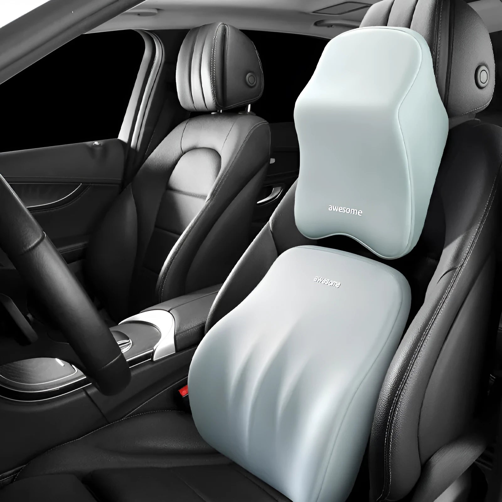 Geometric pattern memory foam car lumbar pillow and headrest in black colour option