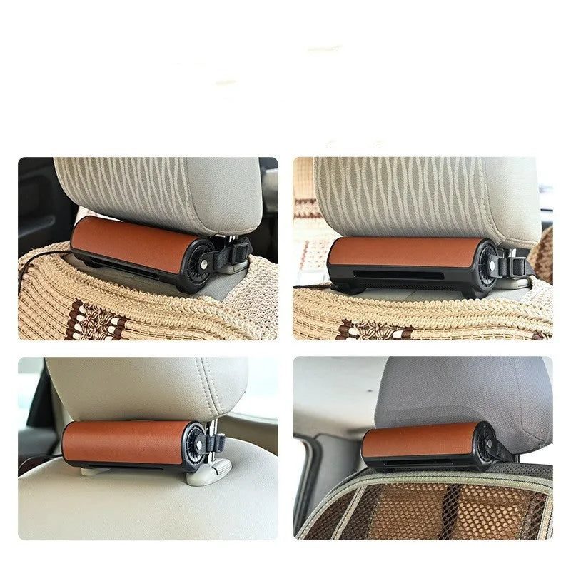 Compact bladeless car fan with USB cable, shown in black colour on a car dashboard.
