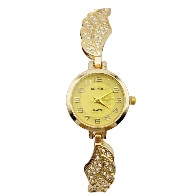 Women's round stainless steel watch with a choice of gold, golden white, or golden black dial on a steel strap with vachette clasp.
