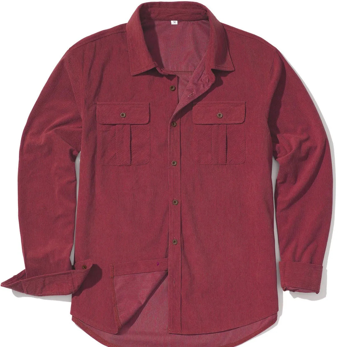 Men's retro corduroy shirt with velvet finish in Army Green colour showing loose fit and long sleeves