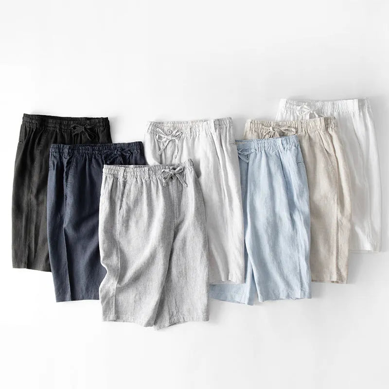 Men's thin linen casual trousers in a loose, straight-leg beach capri style, shown in multiple colour options.