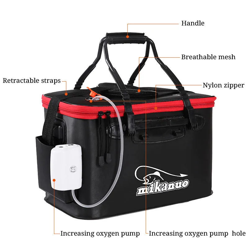 EVA portable fishing bag folding live fish box in black with thick nylon zipper