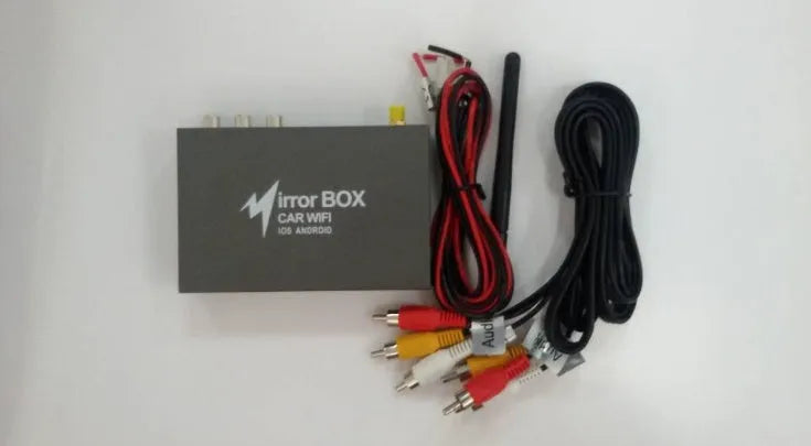 Black Car Mirror Link Box Wi-Fi converter with power cable, AV cable, antenna, and user manual