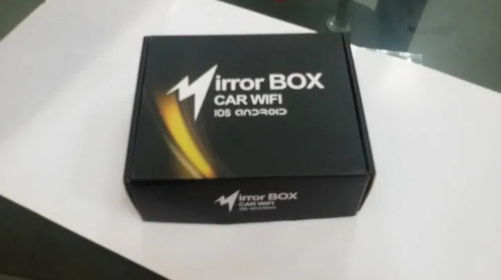 Black Car Mirror Link Box Wi-Fi converter with power cable, AV cable, antenna, and user manual